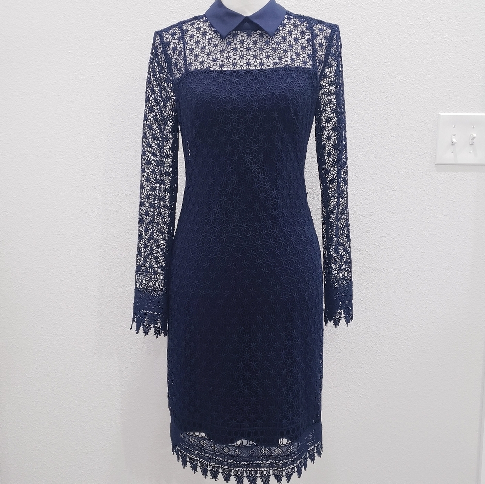 Lauren Ralph Lauren Navy Eyelet Long Sleeve Collared Midi Dress Size 6